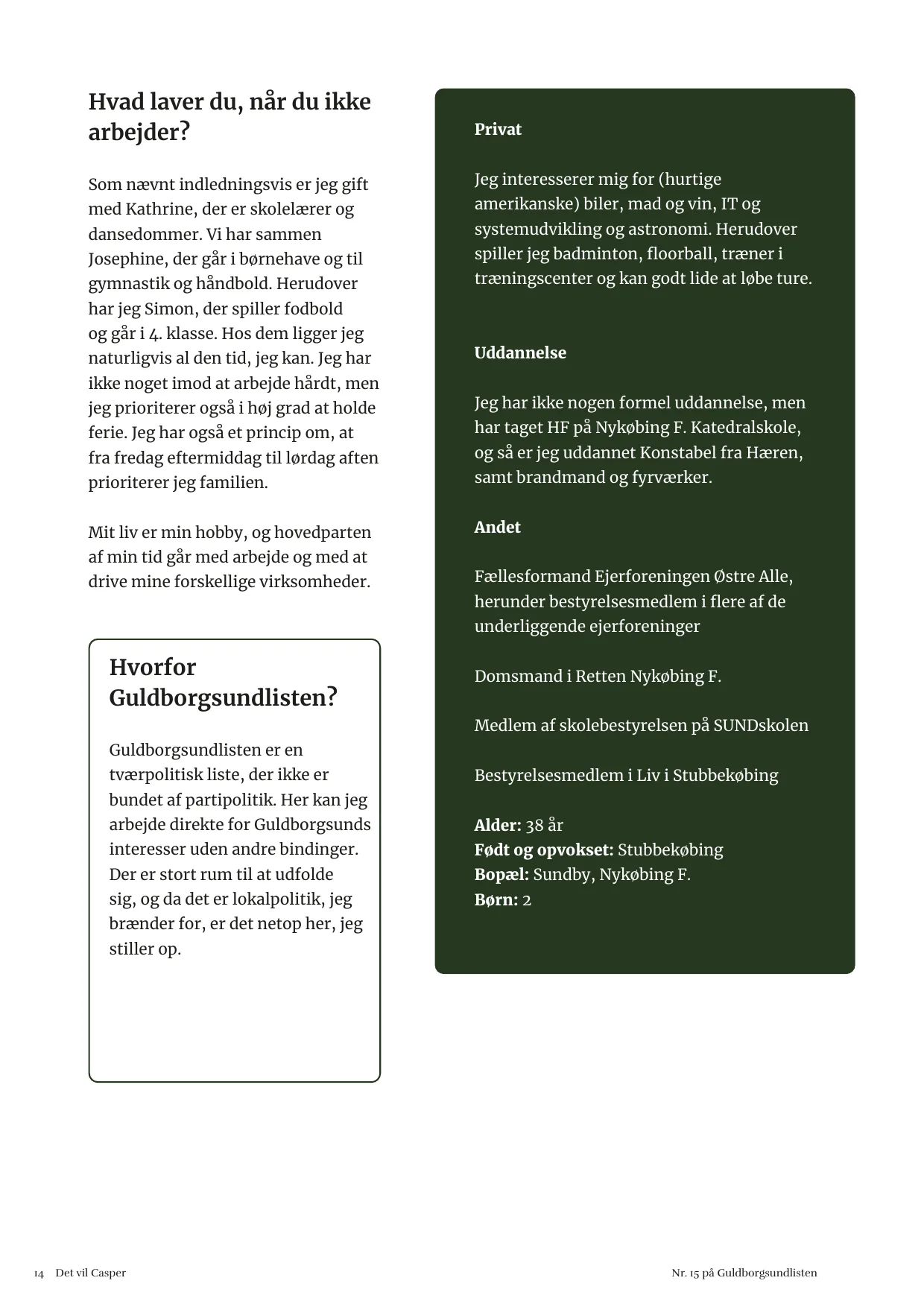 Side 14. Hvad laver du, når du ikke arbejder? Privat, uddannelse og hvorfor Guldborgsundlisten